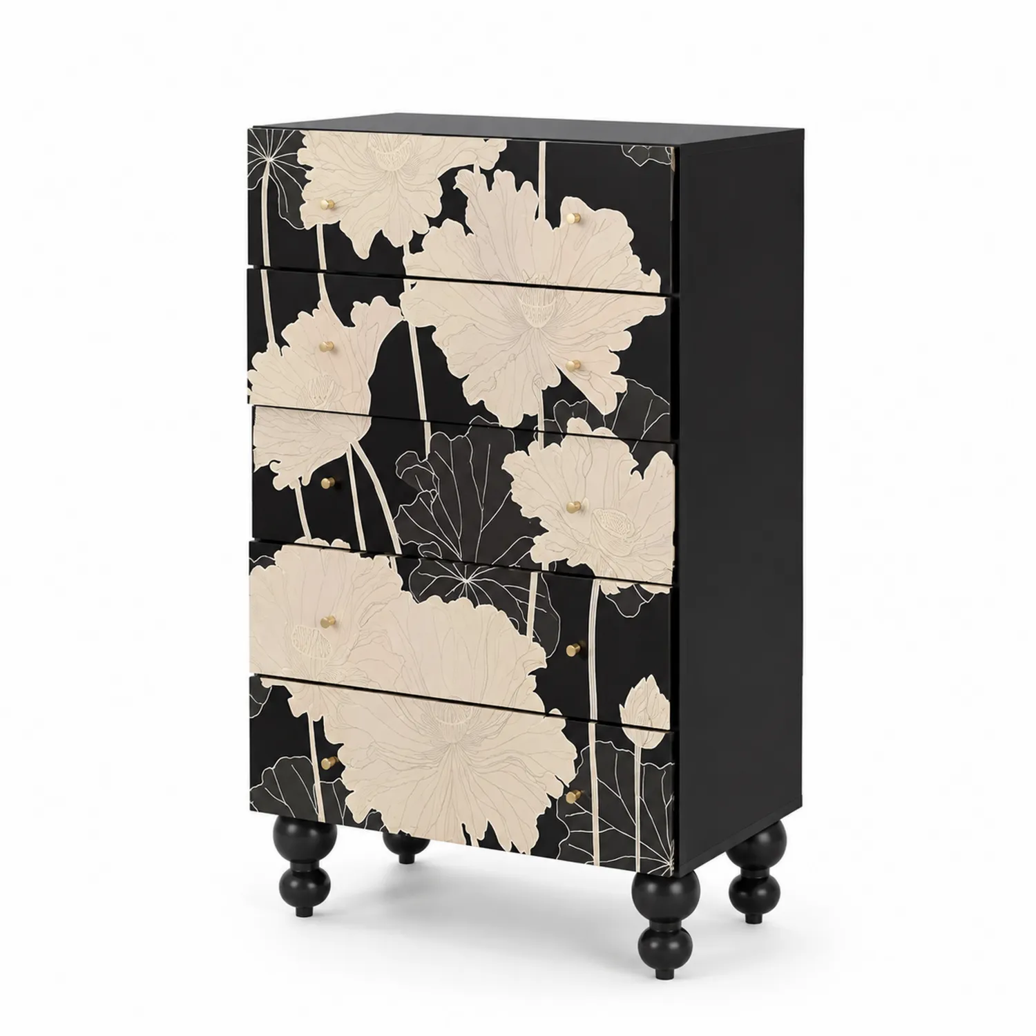 Cajonera de 5 Cajones de MDF con Diseño Floral en Negro y Beis
