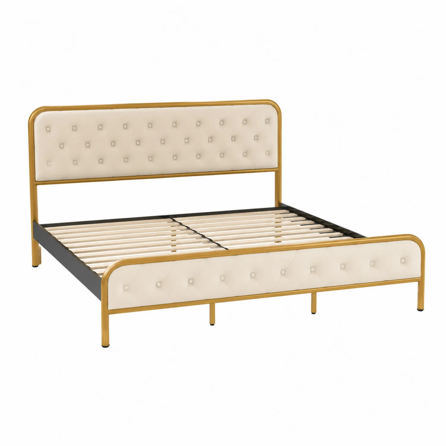 Cama doble de metal con cabecero tapizado en poliuretano
