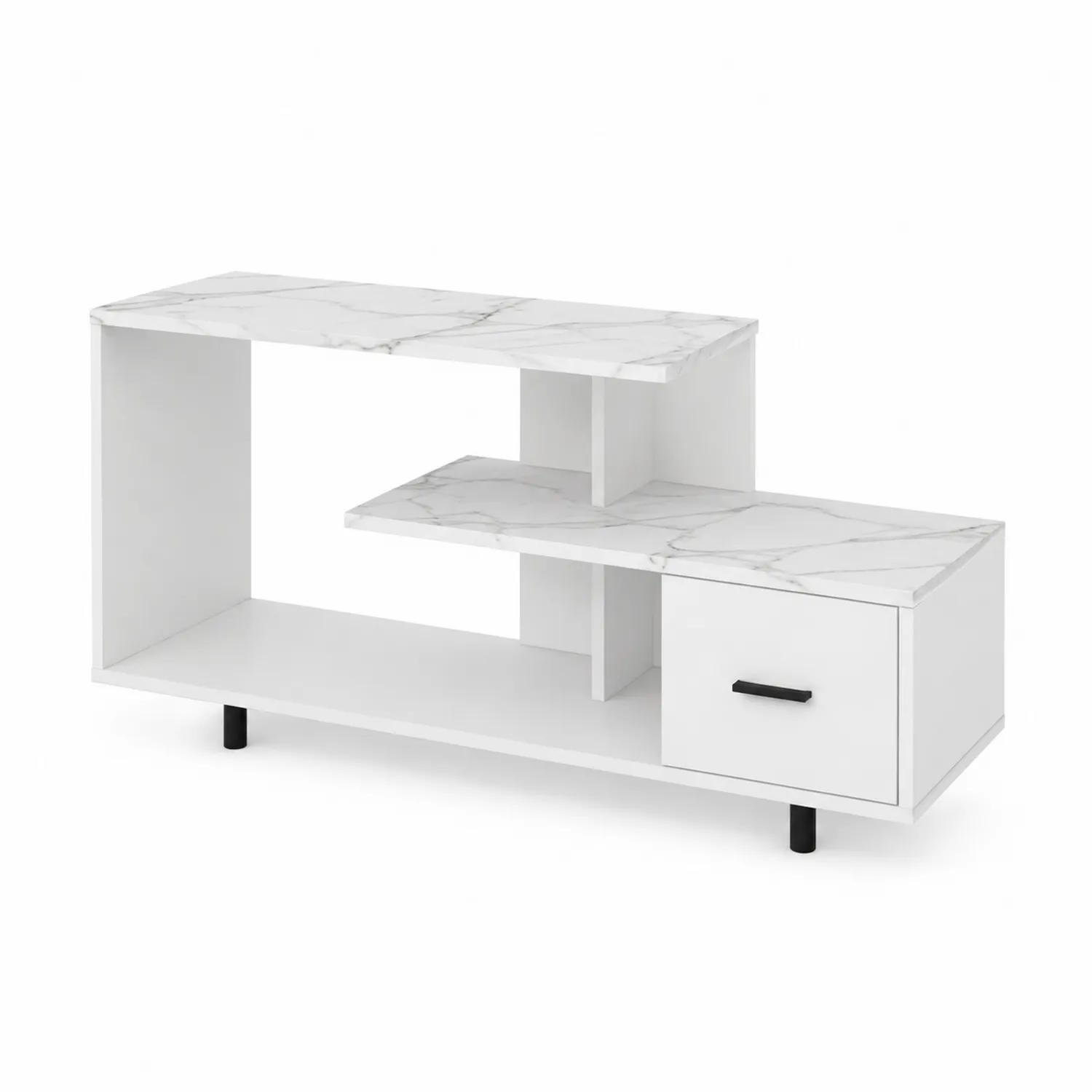 Mesa de TV de Melamina con Efecto Mármol y Cajón Blanco