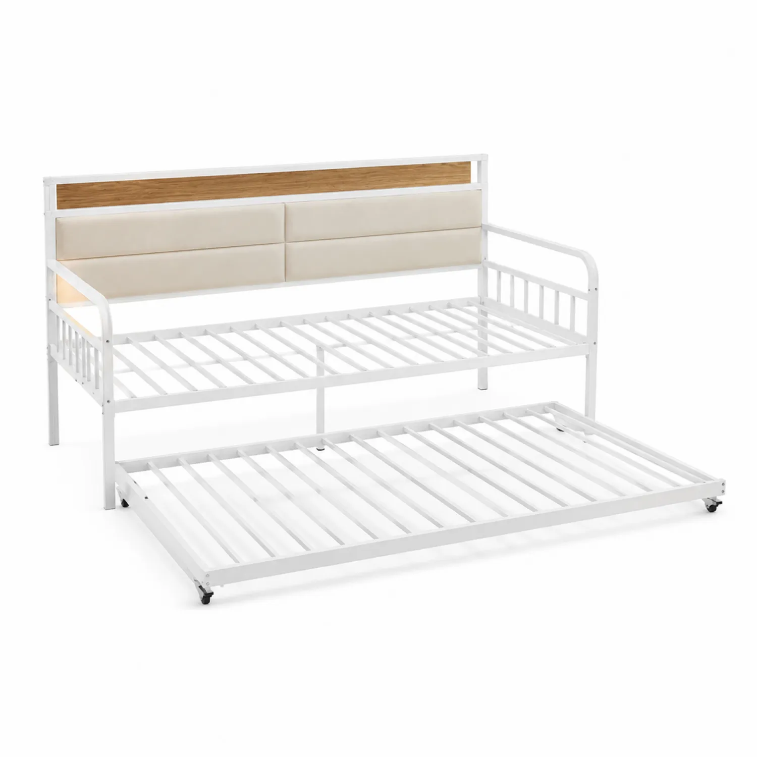 Cama de día de metal con nido, cabecero tapizado, Blanco/Roble