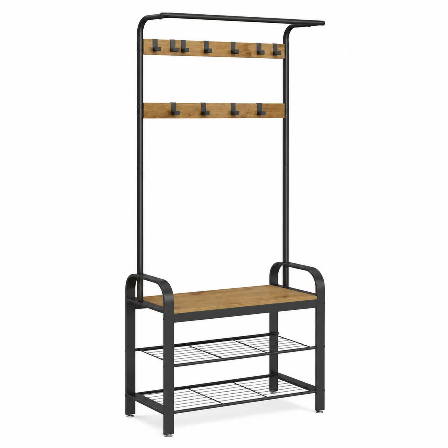 Perchero de Metal Negro con Banco y Estantes de Madera MDF