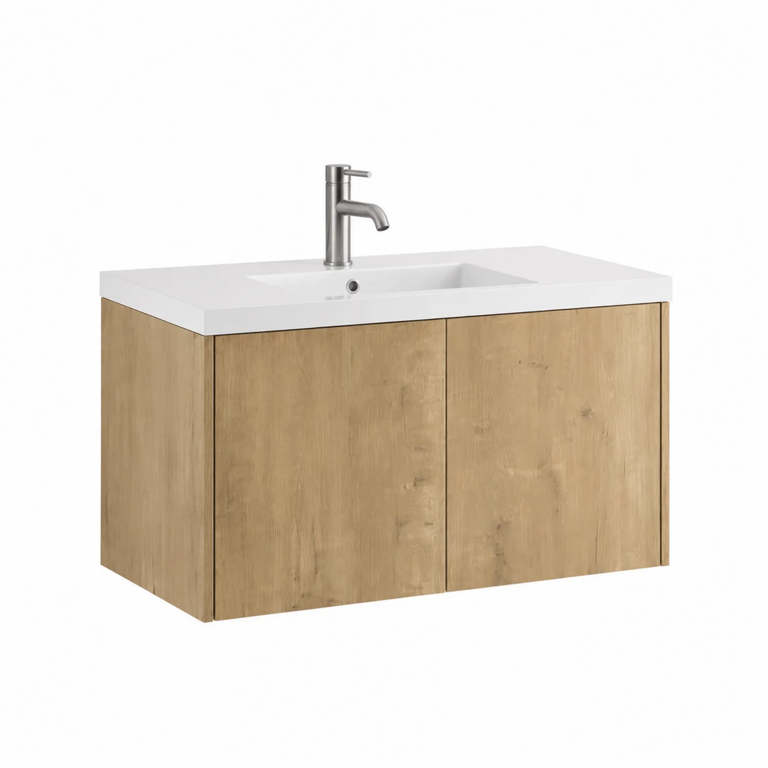 Mueble de lavabo colgante de madera con lavabo de cerámica y grifo, 80x45x55 cm, color Roble
