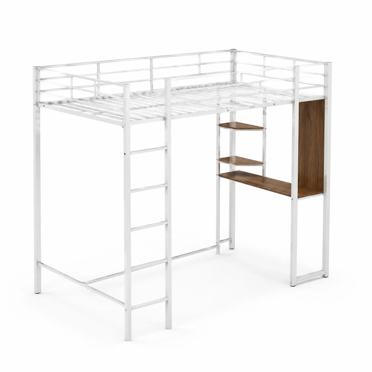 Cama alta de metal con estantería de madera y estante 200x90 cm Blanco/Nogal