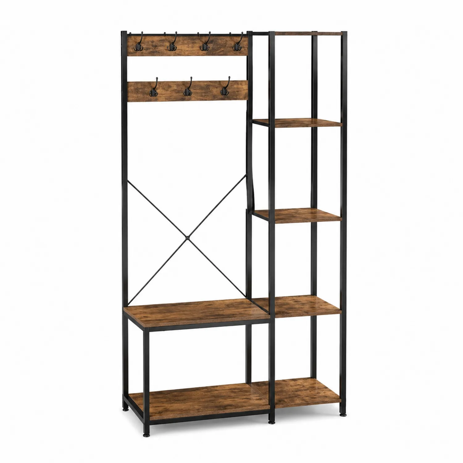 Perchero con estantería de acero y MDF, Negro/Marrón, 80x30x180 cm