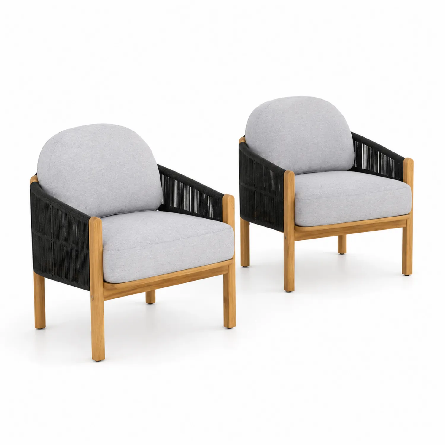 Conjunto de 2 Sillas de Madera con Cuerda Negra y Cojines Grises