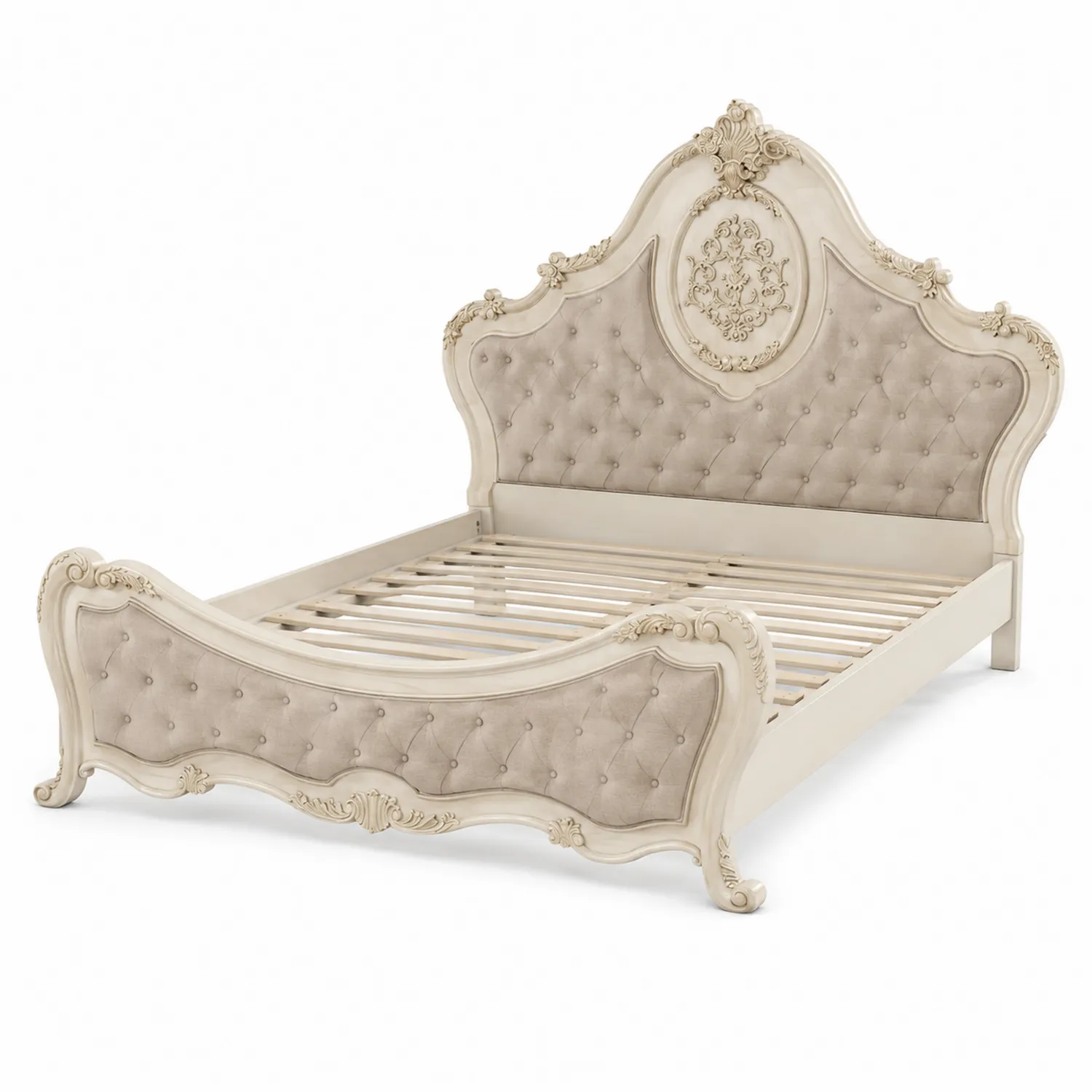 Cama de matrimonio de madera beige tapizada en terciopelo