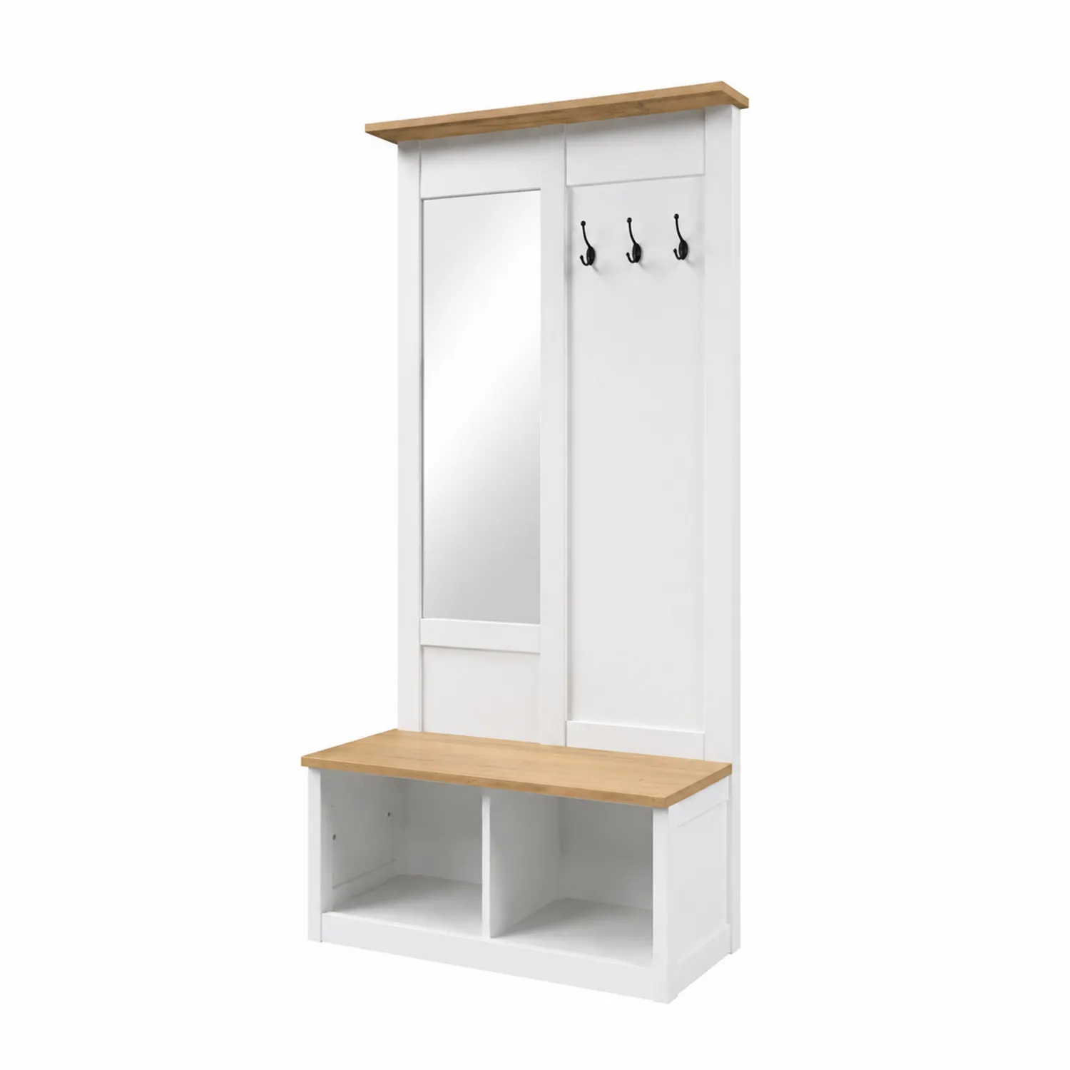 Perchero de Madera con Espejo y Banco de Almacenamiento Blanco y Roble