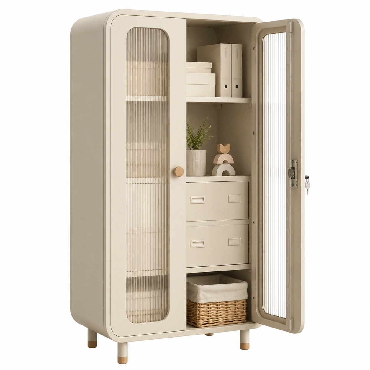 Armario alto beige con puertas de cristal estriado-nordivanahome