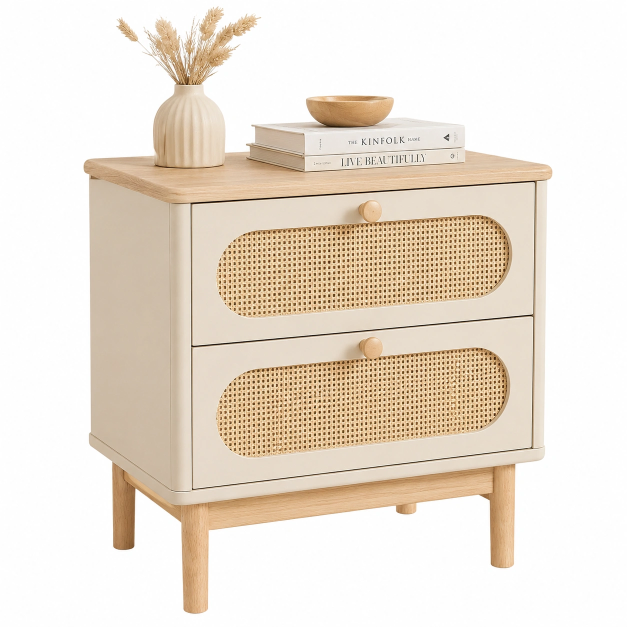 Mesita auxiliar beige con ratan natural-nordivanahome