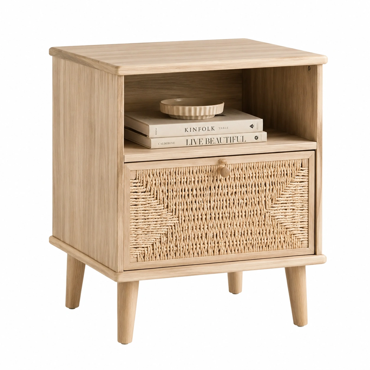 Mesita de noche nordica de madera y ratan-nordivanahome