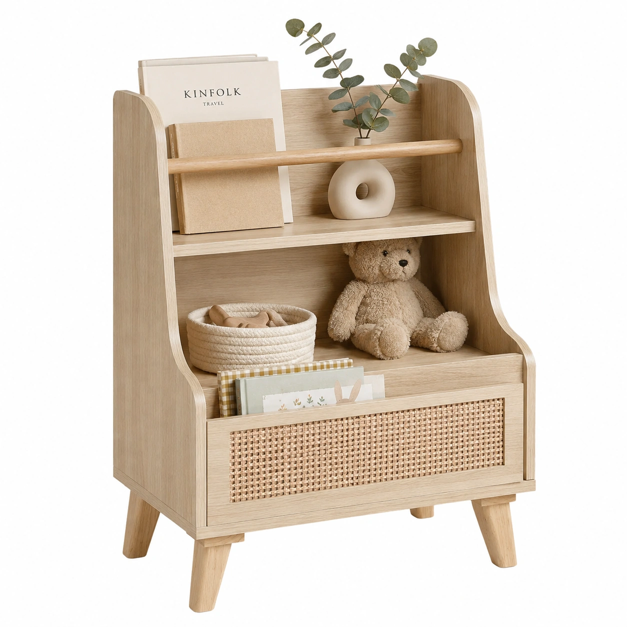 Libreria infantil de madera con almacenaje ratan-nordivanahome