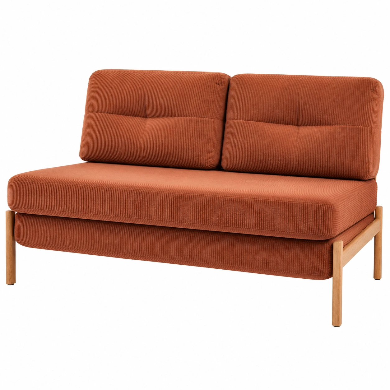 Sofa cama contemporaneo tapizado en pana terracota con base de madera clara y diseno compacto-nordivanahome