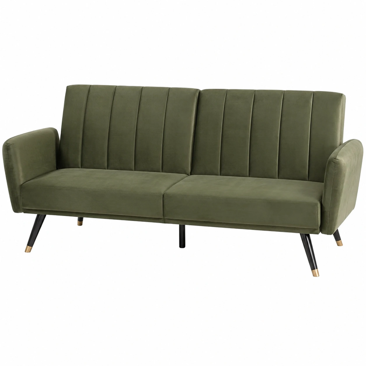 Sofa cama minimalista tapizado en terciopelo verde oliva con respaldo geometrico y patas negras inclinadas-nordivanahome
