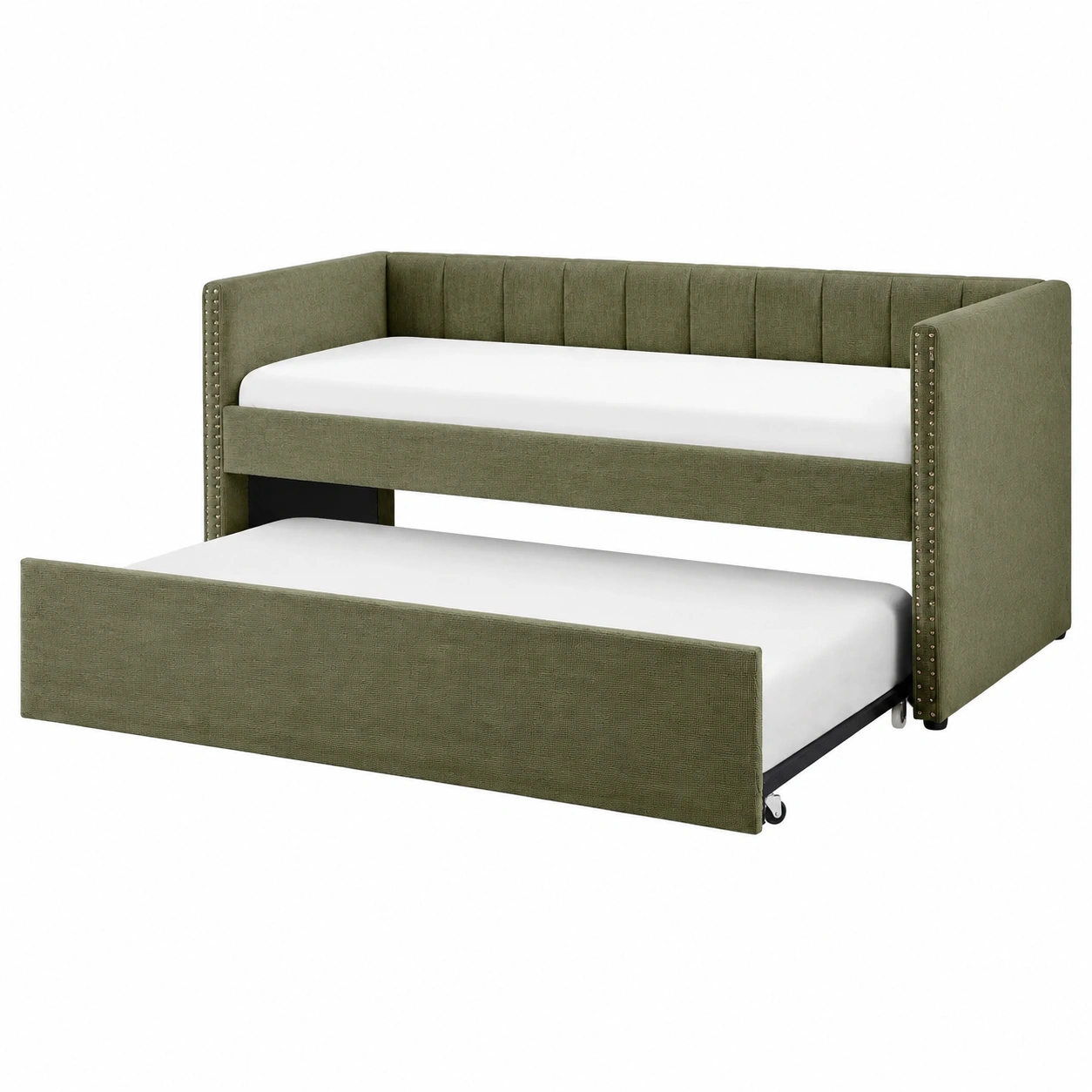 Sofa cama con tapizado verde oliva y detalles de tachuelas-nordivanahome