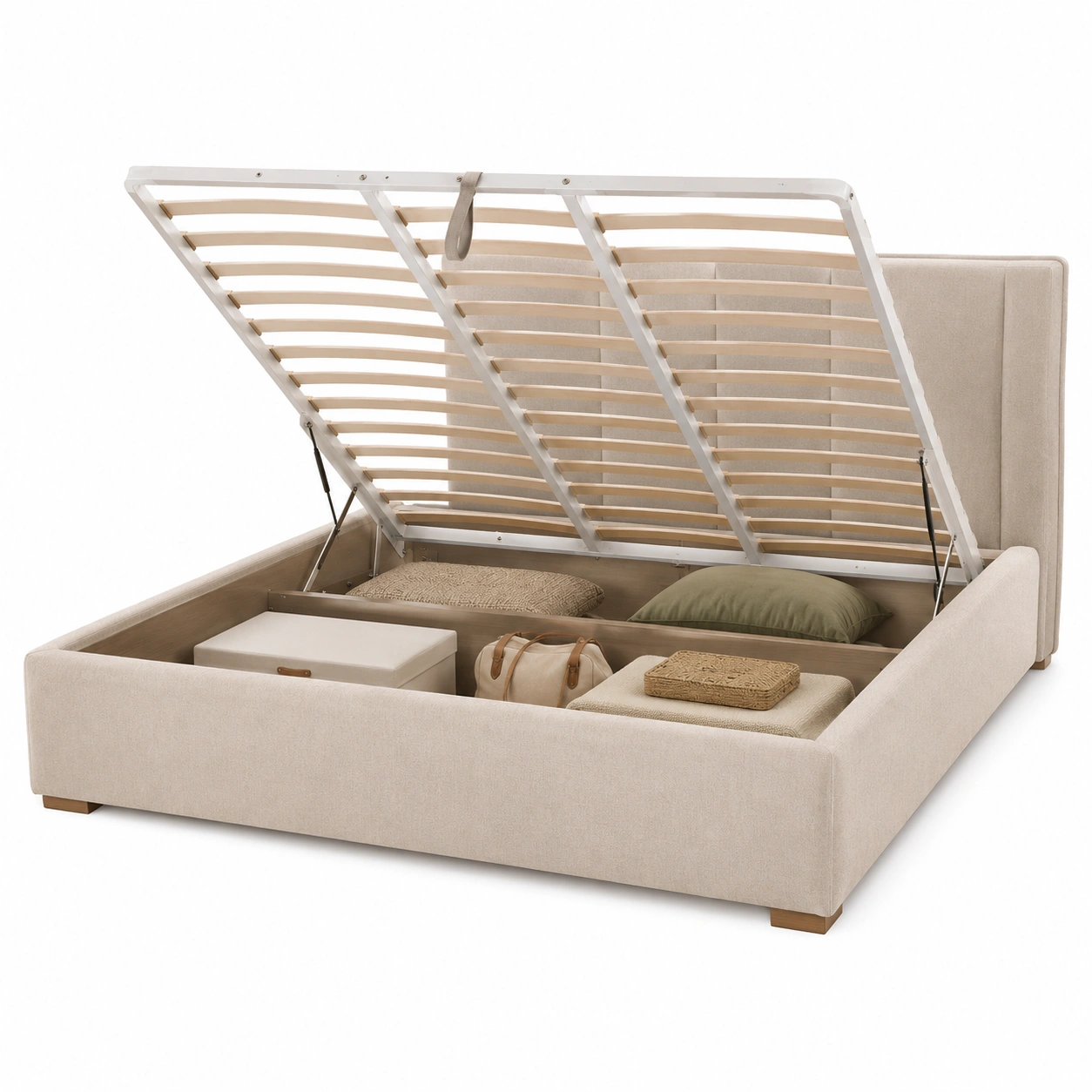 Cama abatible beige con gran almacenaje interior oculto-vivamobel