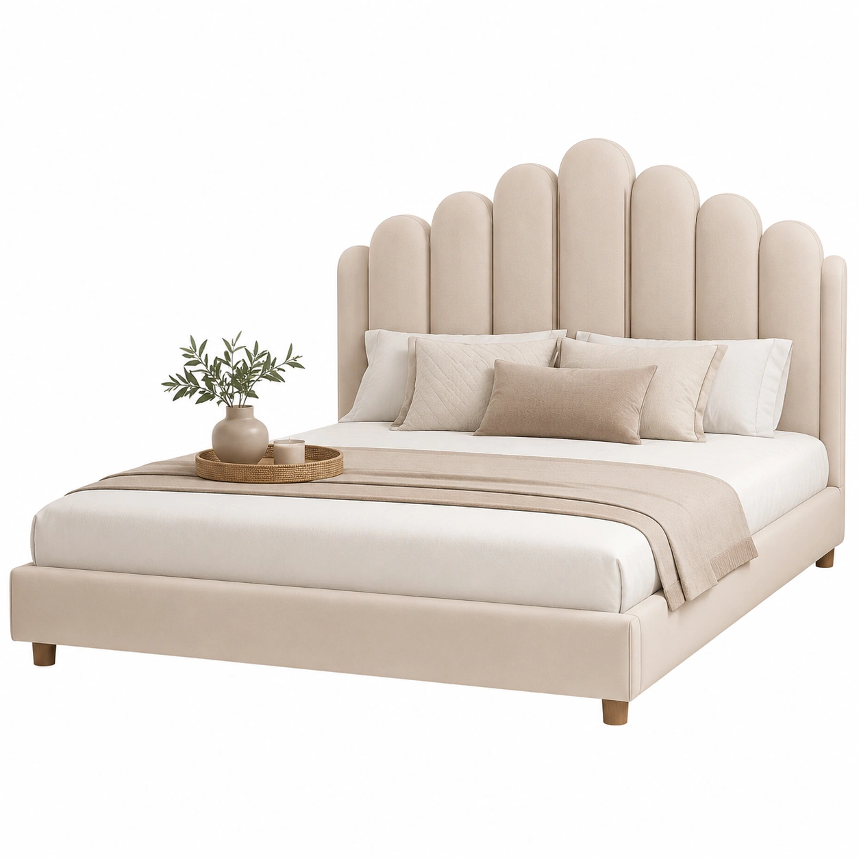 Cama tapizada beige con cabecero escultural-nordicaurahome