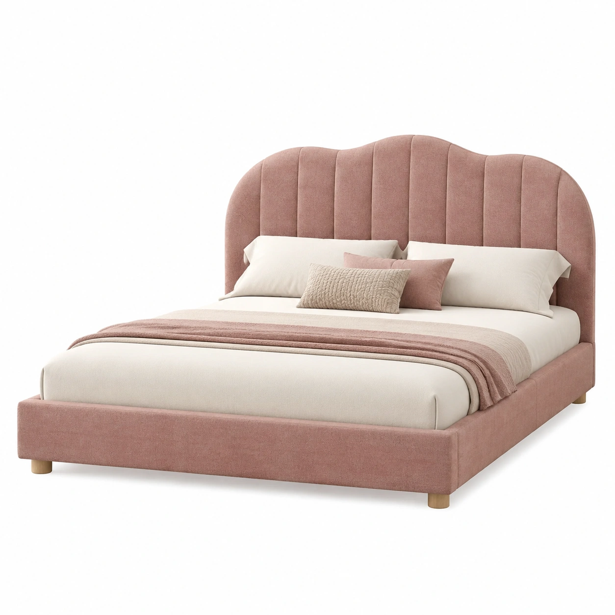 Cama tapizada rosa con cabecero ondulado-nordicaurahome