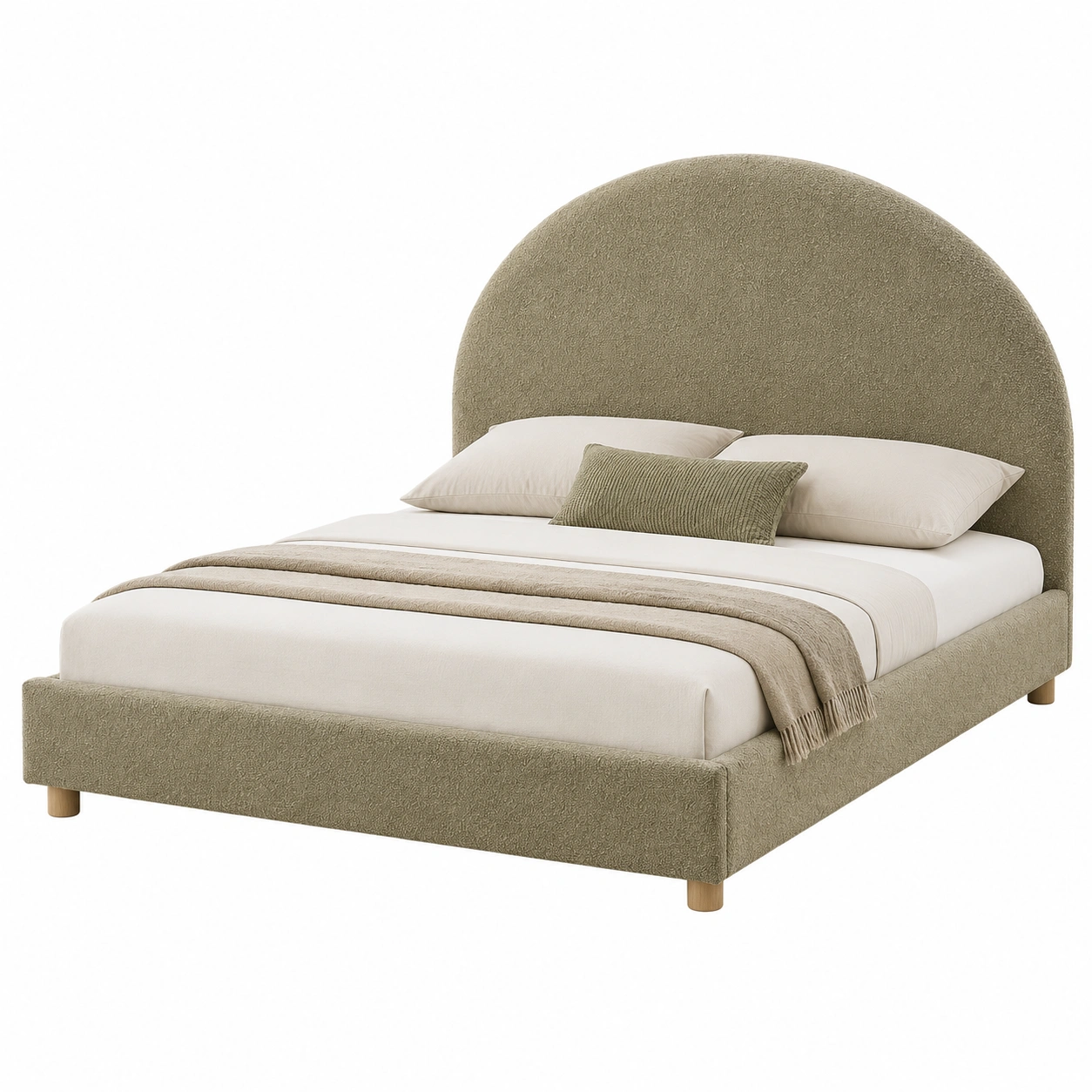 Cama tapizada verde oliva con cabecero arqueado elegante-nordicaurahome