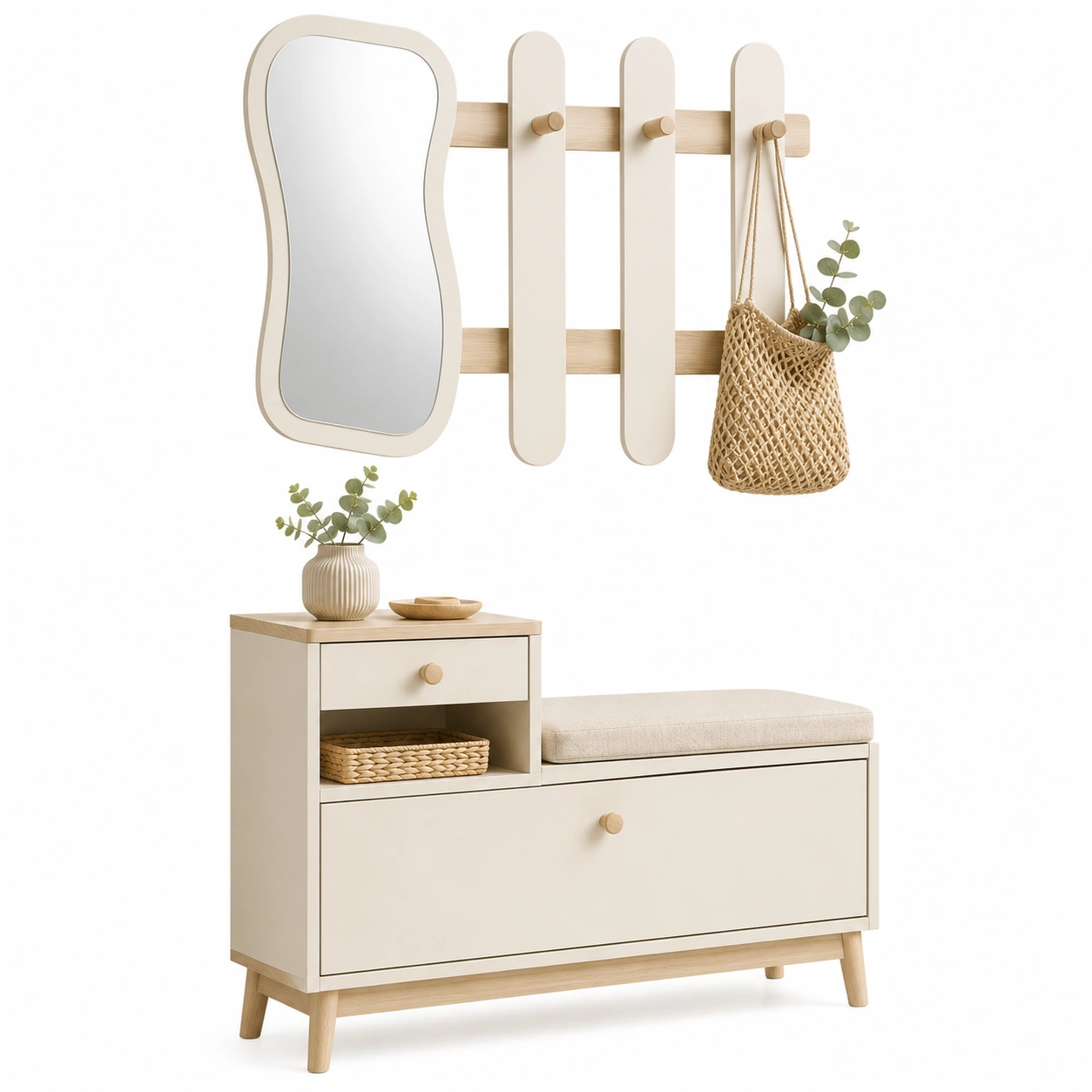 Banco recibidor beige moderno con espejo y perchero-nordicaurahome