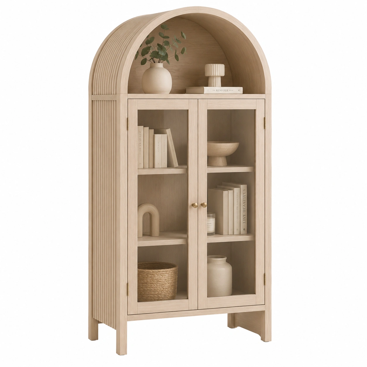 Vitrina arqueada de madera clara con puertas de vidrio-nordicaurahome