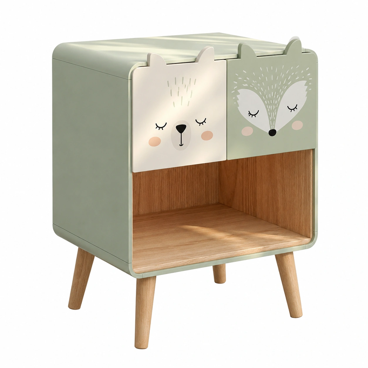 Mesita Infantil Verde con Puertas de Animales y Estante Abierto-orvessaliving