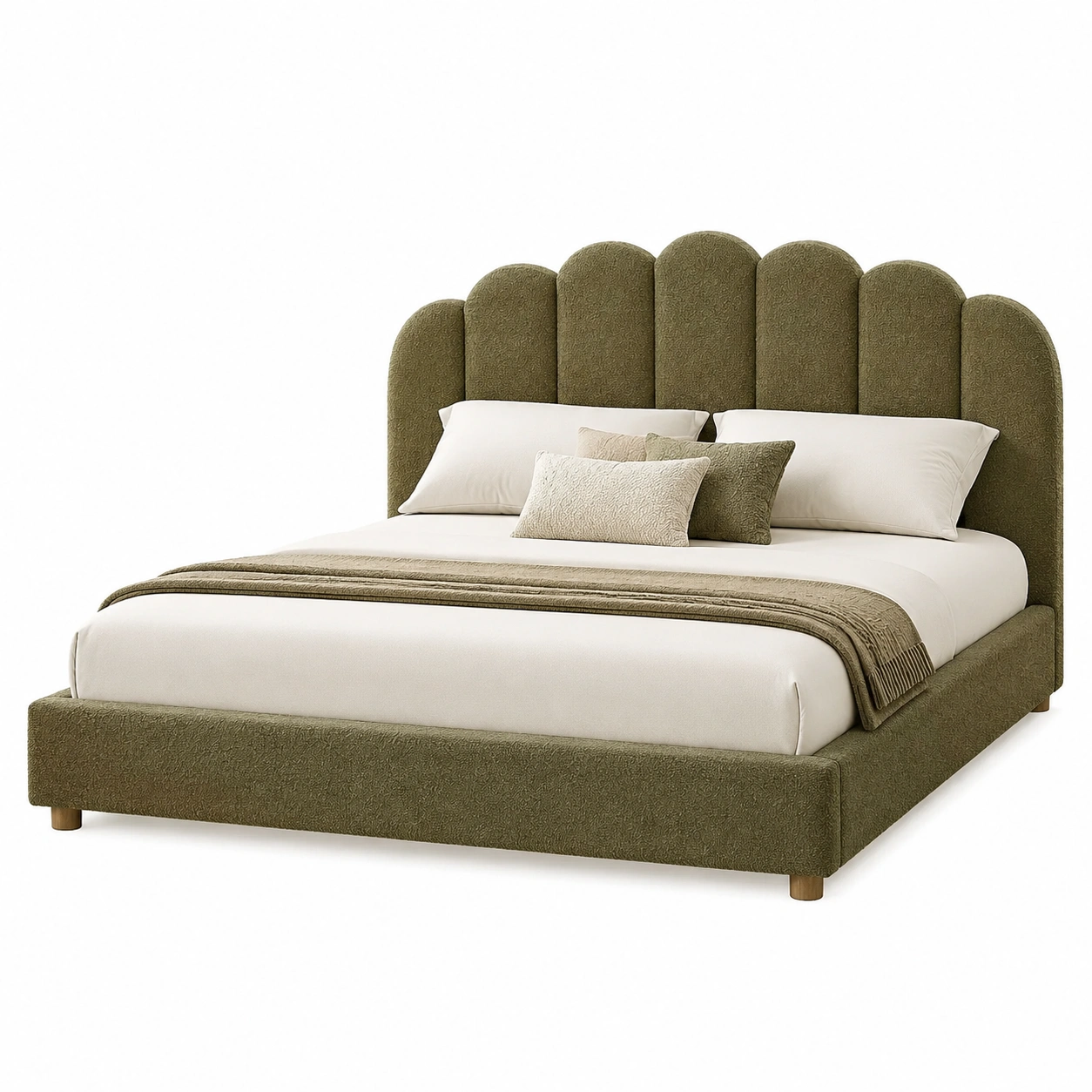 Cama artistica tapizada verde oliva con cabecero ondulado-orvessaliving