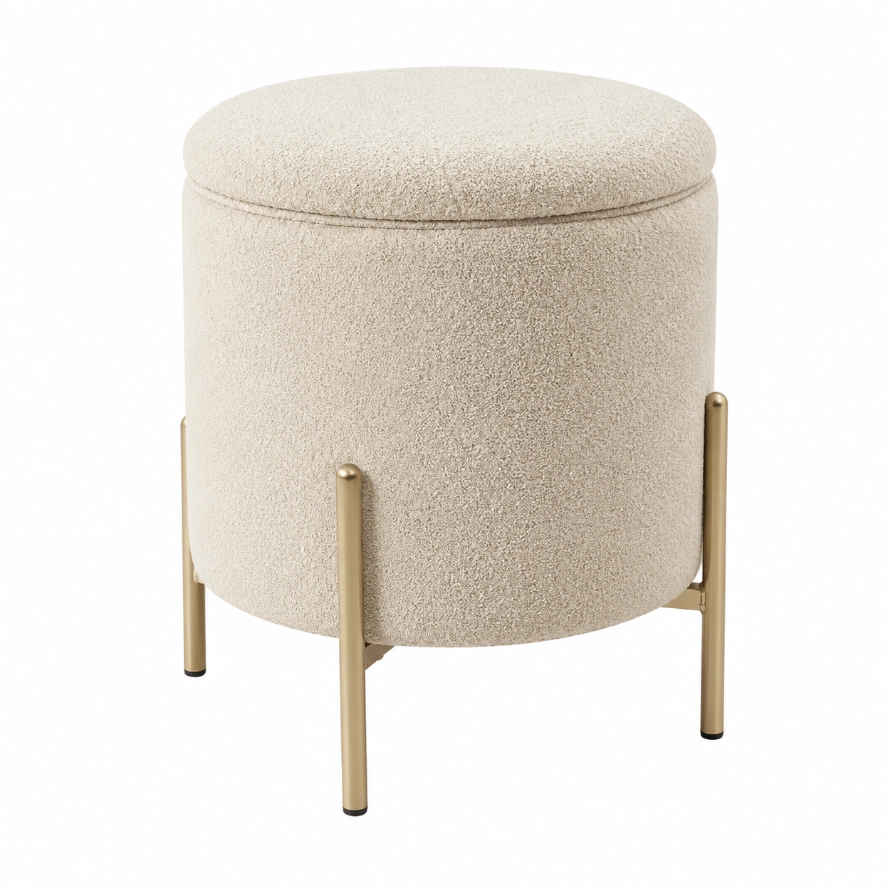 Puf cilindrico moderno de bouclette crema con estructura dorada-orvessaliving