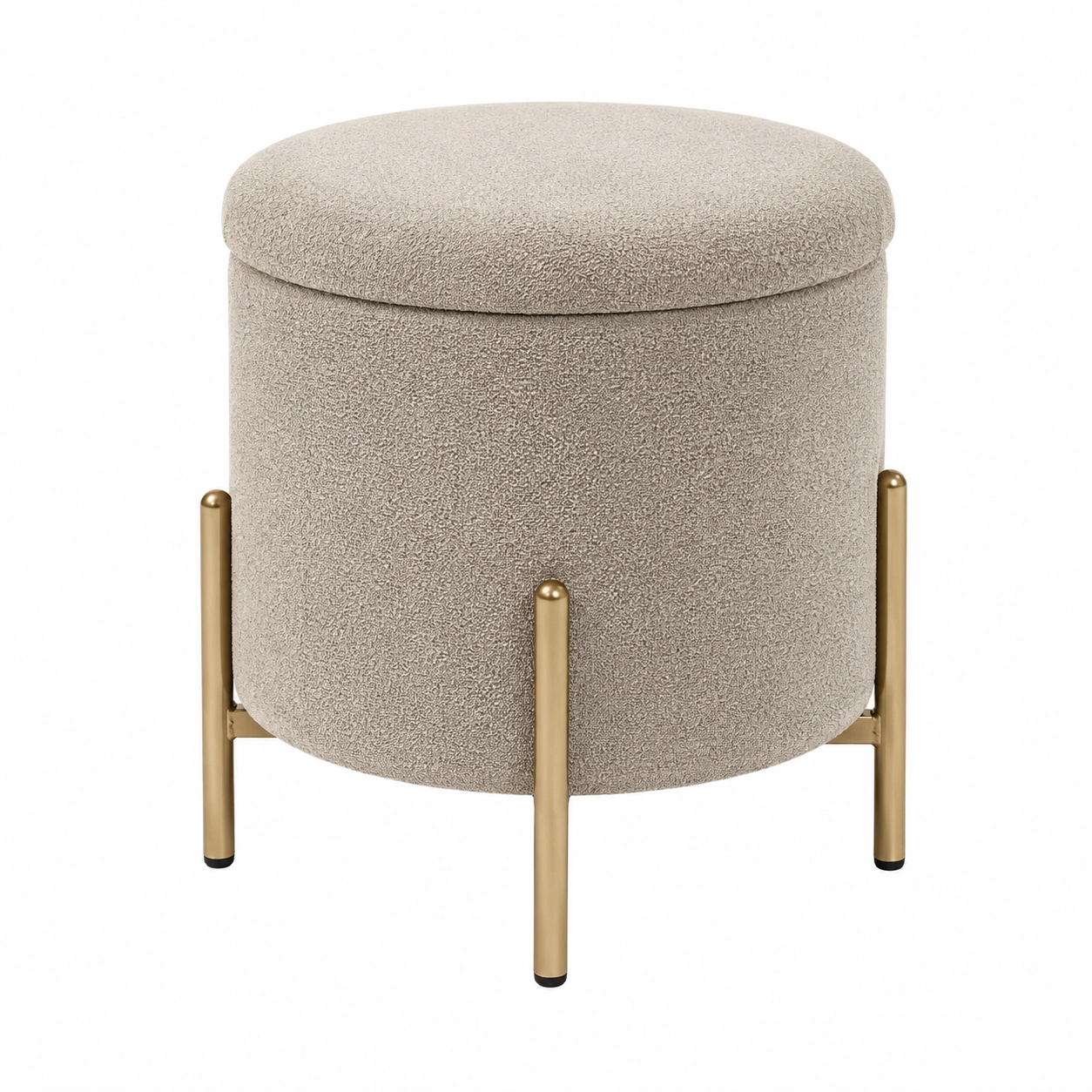 Puf redondo contemporaneo beige topo con patas doradas-orvessaliving