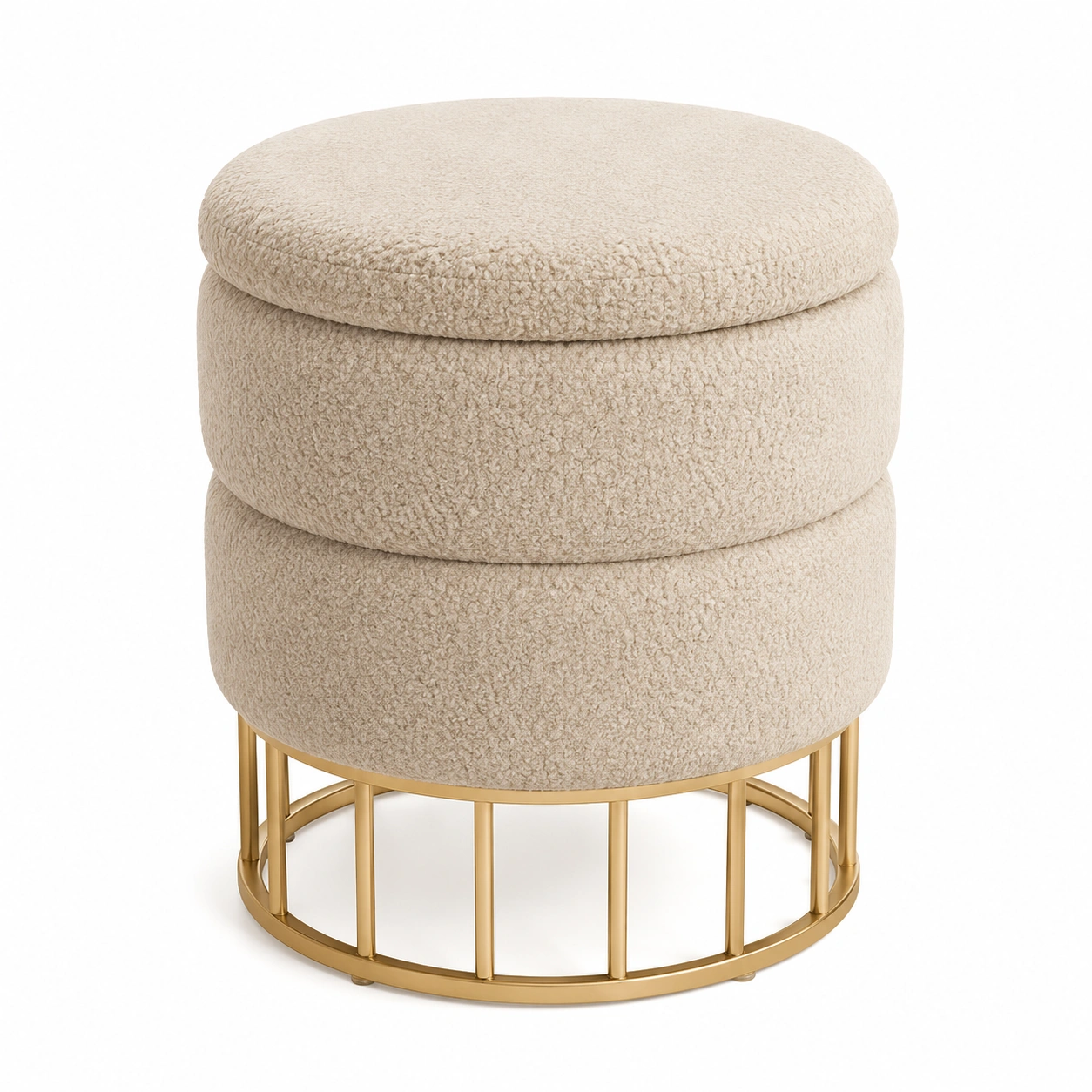 Puf redondo bouclette crema con base dorada-orvessaliving
