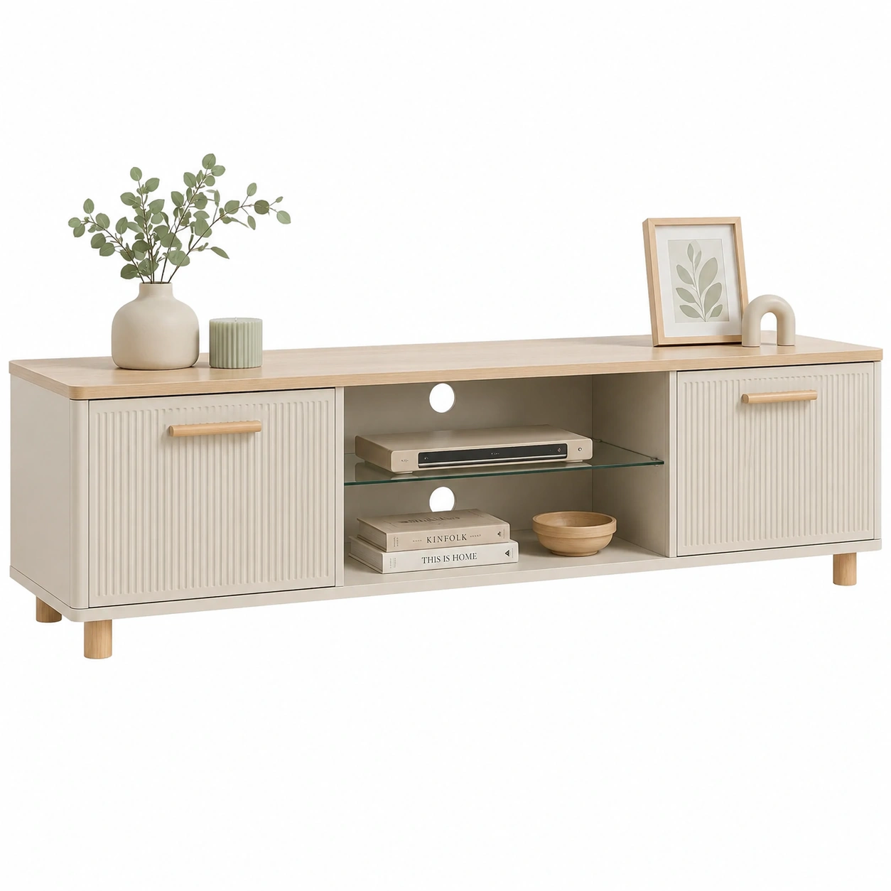 Mueble TV nordico ranurado en madera clara y beige-orvessaliving