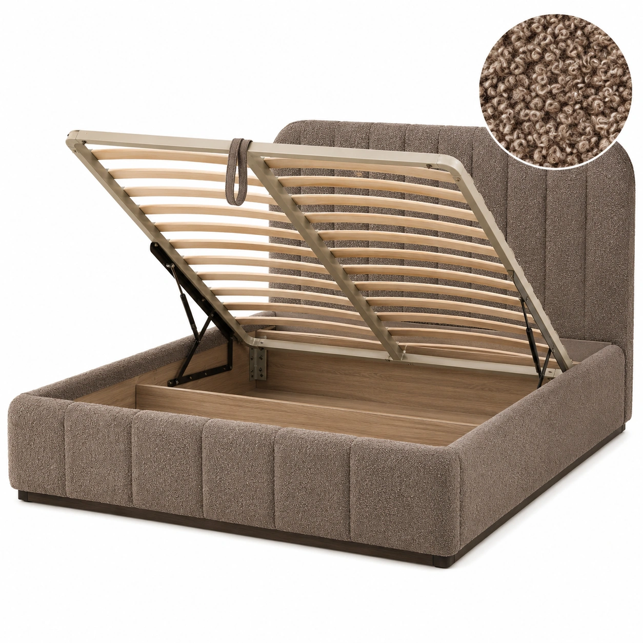 Cama tapizada marron topo con almacenaje oculto-orvessaliving