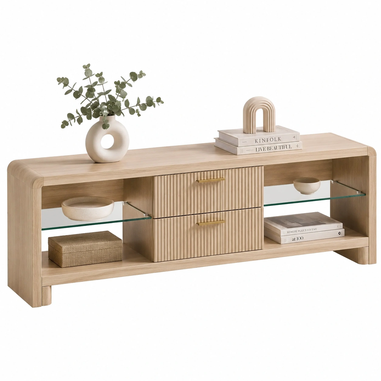 Mesa TV nordica minimalista con cajones texturizados-orvessaliving