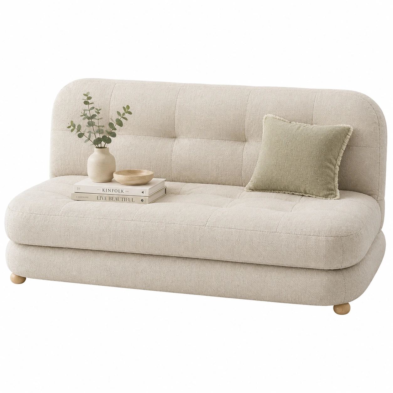 Cama doble beige con cabecero redondeado y acolchado-orvessaliving
