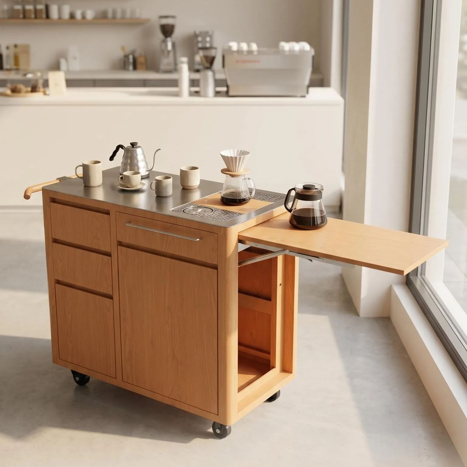 Premium Wood Grain Stainless Steel Coffee Cart