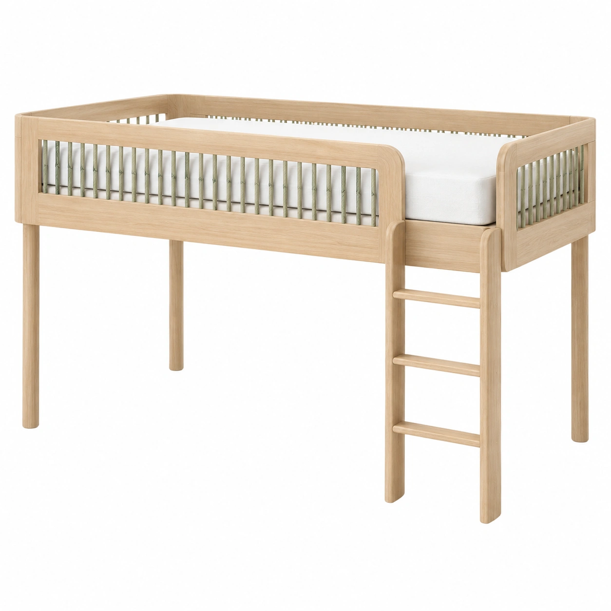 Cama Alta Infantil de Madera con Escalera y Barandilla-oakviro