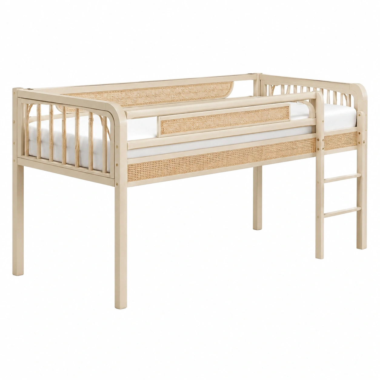 Cama Loft Infantil Beige con Detalles de Rattan-oakviro