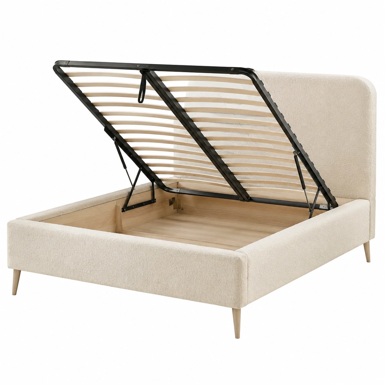 Cama tapizada beige con almacenaje elegante-oakviro