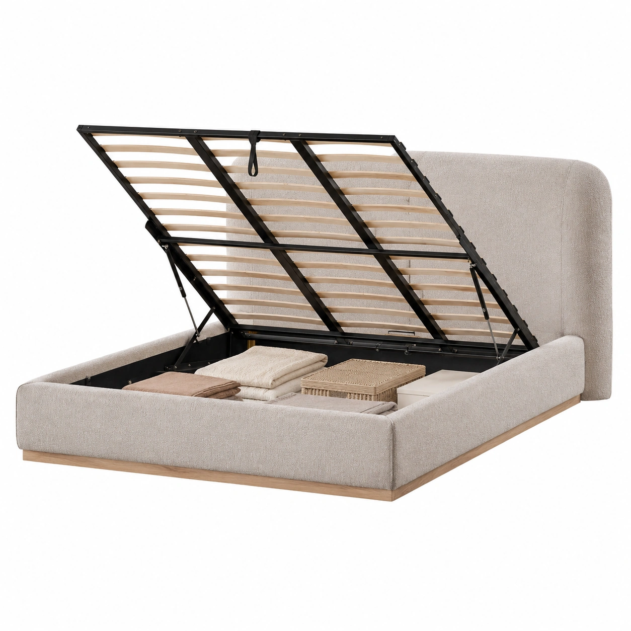Cama tapizada con almacenaje oculto en tono crema suave-velmorliving