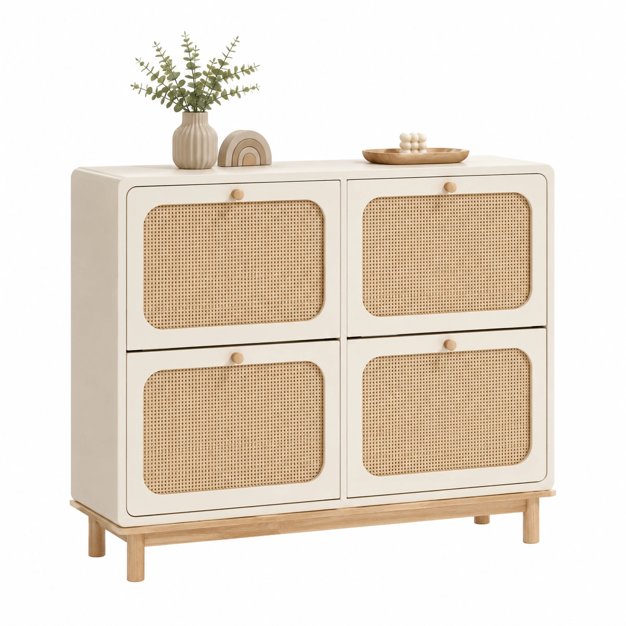 Zapatero aparador con puertas de ratan y patas de madera-velmorliving