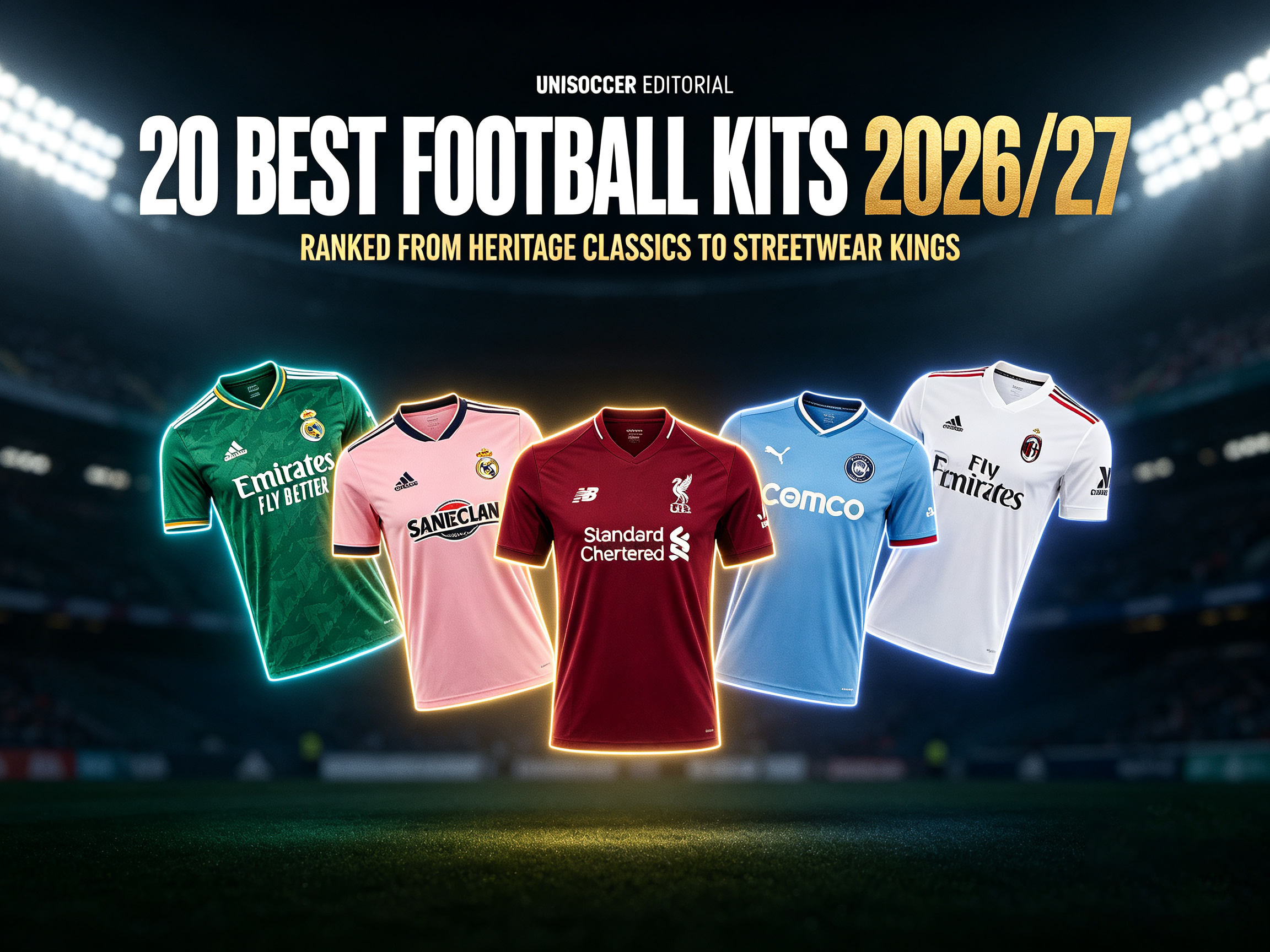 2026/27 top 20 football kits ranking, luxury streetwear soccer jerseys collage, black minimalist editorial magazine design, high conversion sports fashion banner