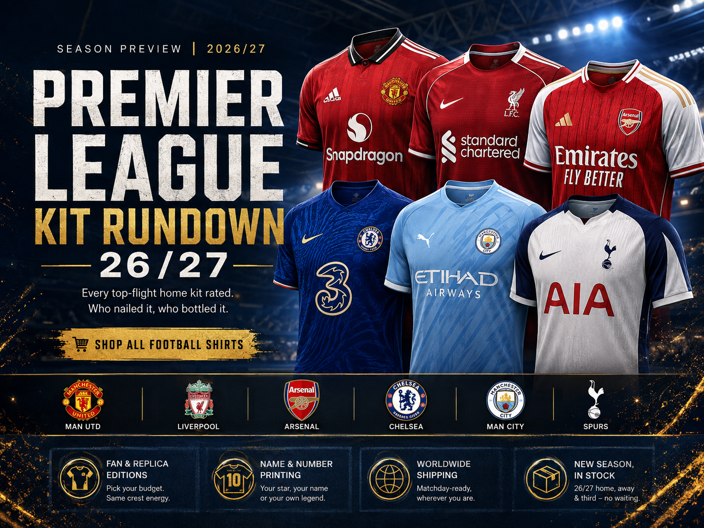 Premier League 2026/27 kit roundup featuring six club football shirts in a dark blue stadium scene.!
