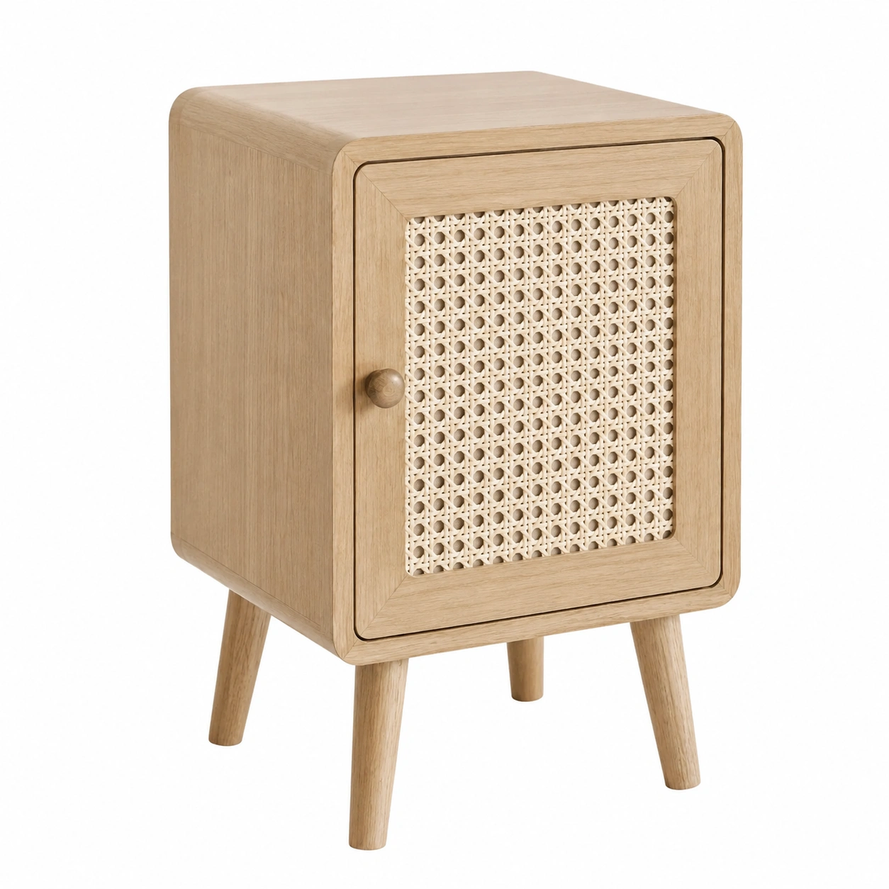 Mesita de noche minimalista de madera y ratan