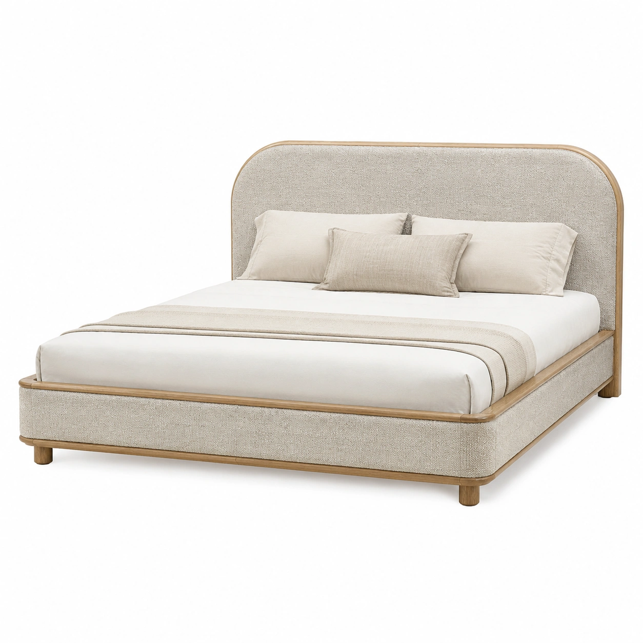 Cama boucle elegante con detalles de madera natural