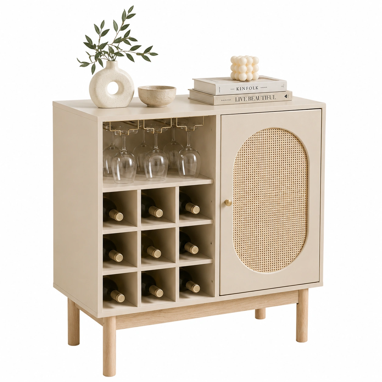 Mueble botellero beige con ratan natural