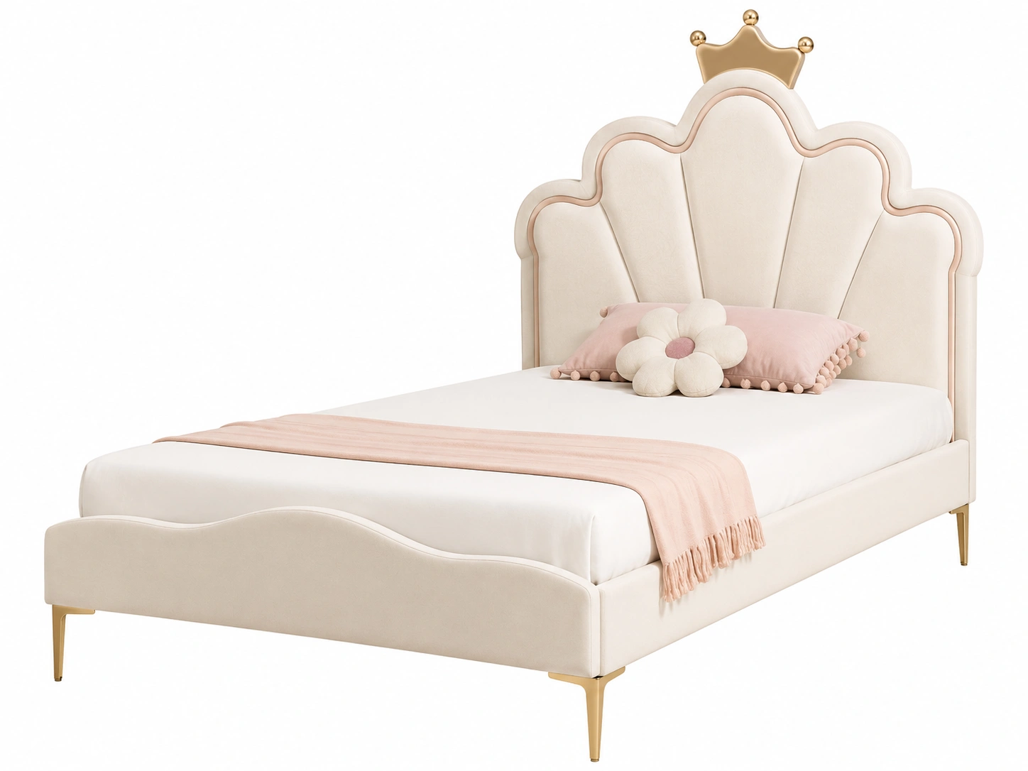Cama individual infantil beige con cabecero de corona