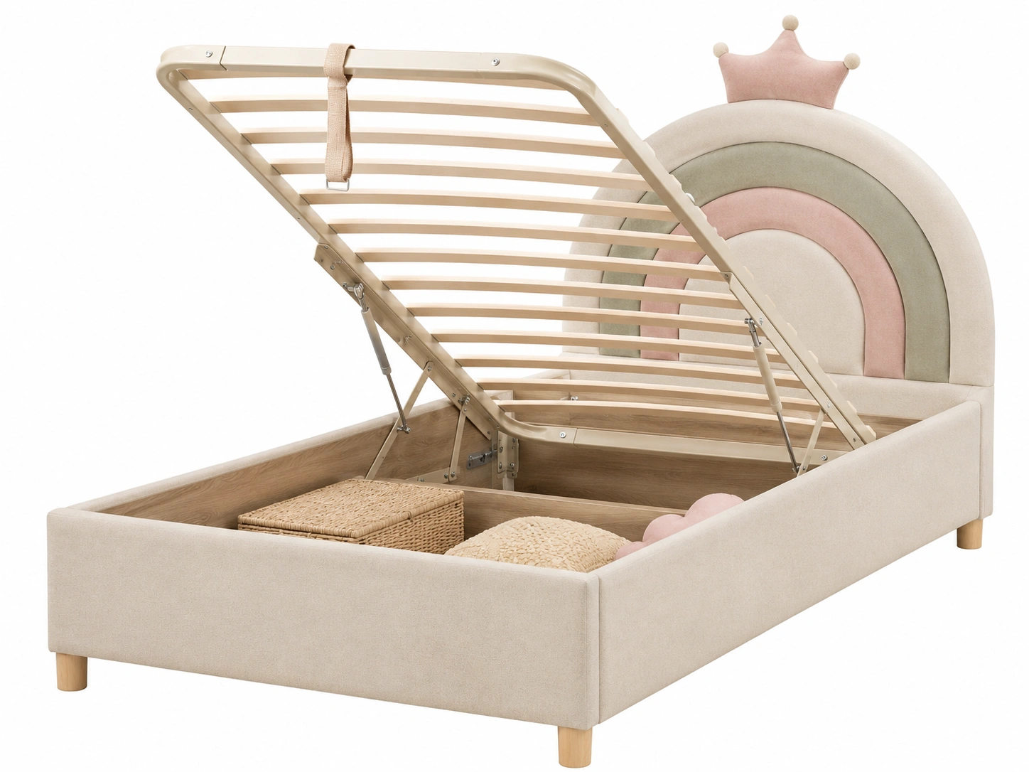 Cama individual beige con almacenaje y cabecero arcoiris
