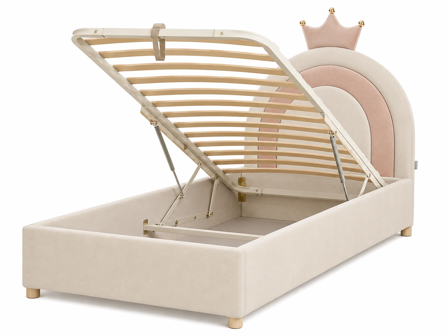 Cama individual beige con almacenaje y cabecero de corona rosa