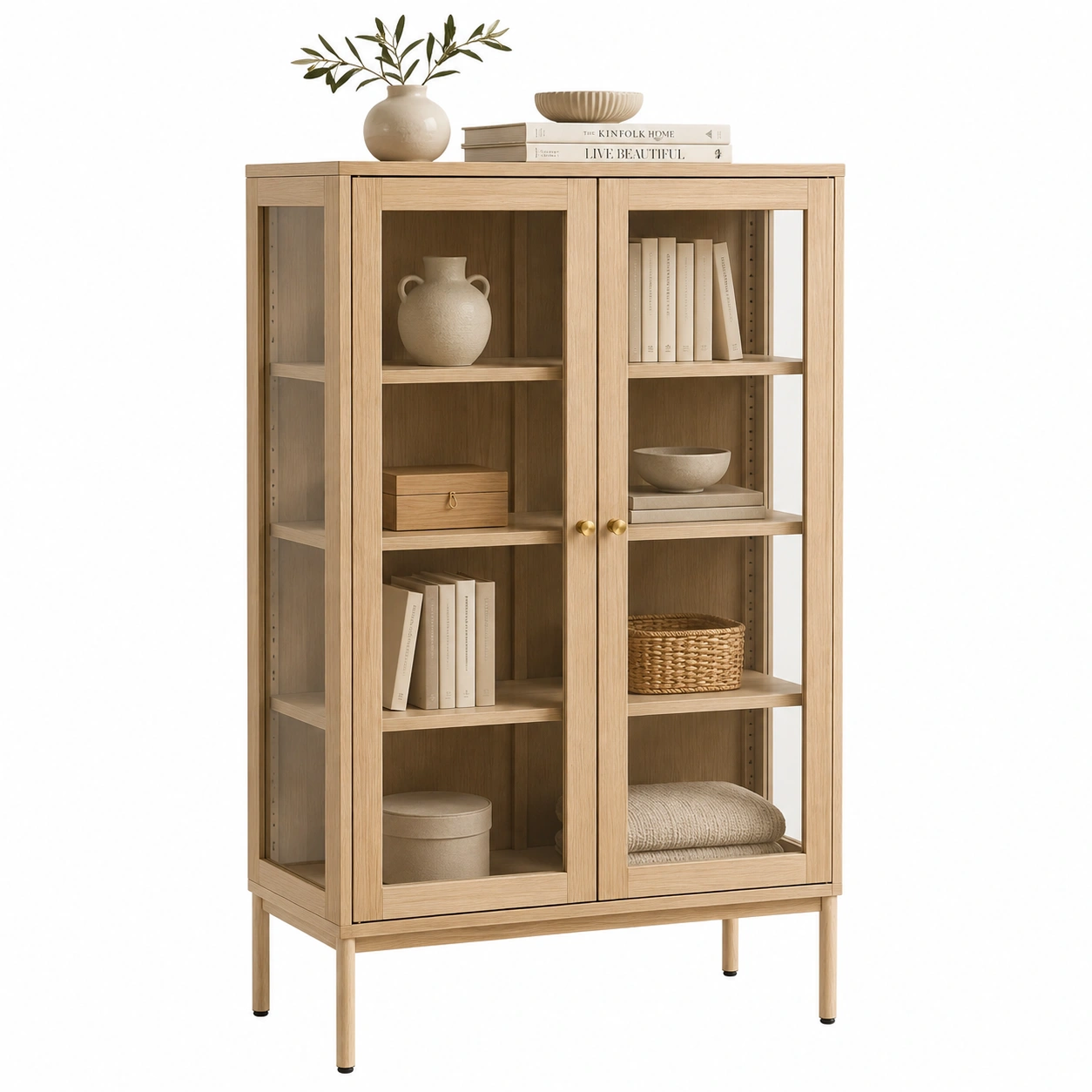 Vitrina de madera natural con puertas de cristal