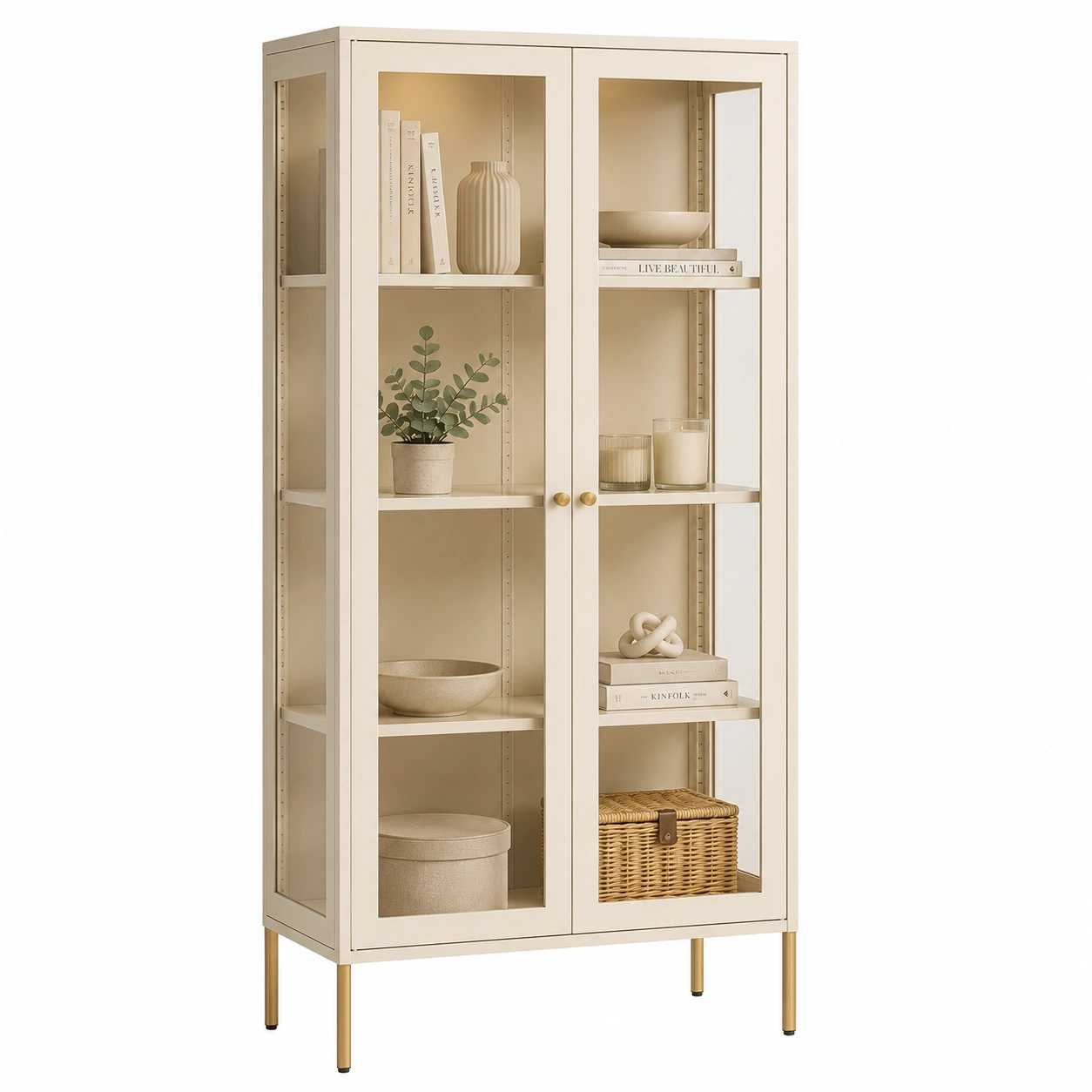 Vitrina moderna color crema con puertas de cristal