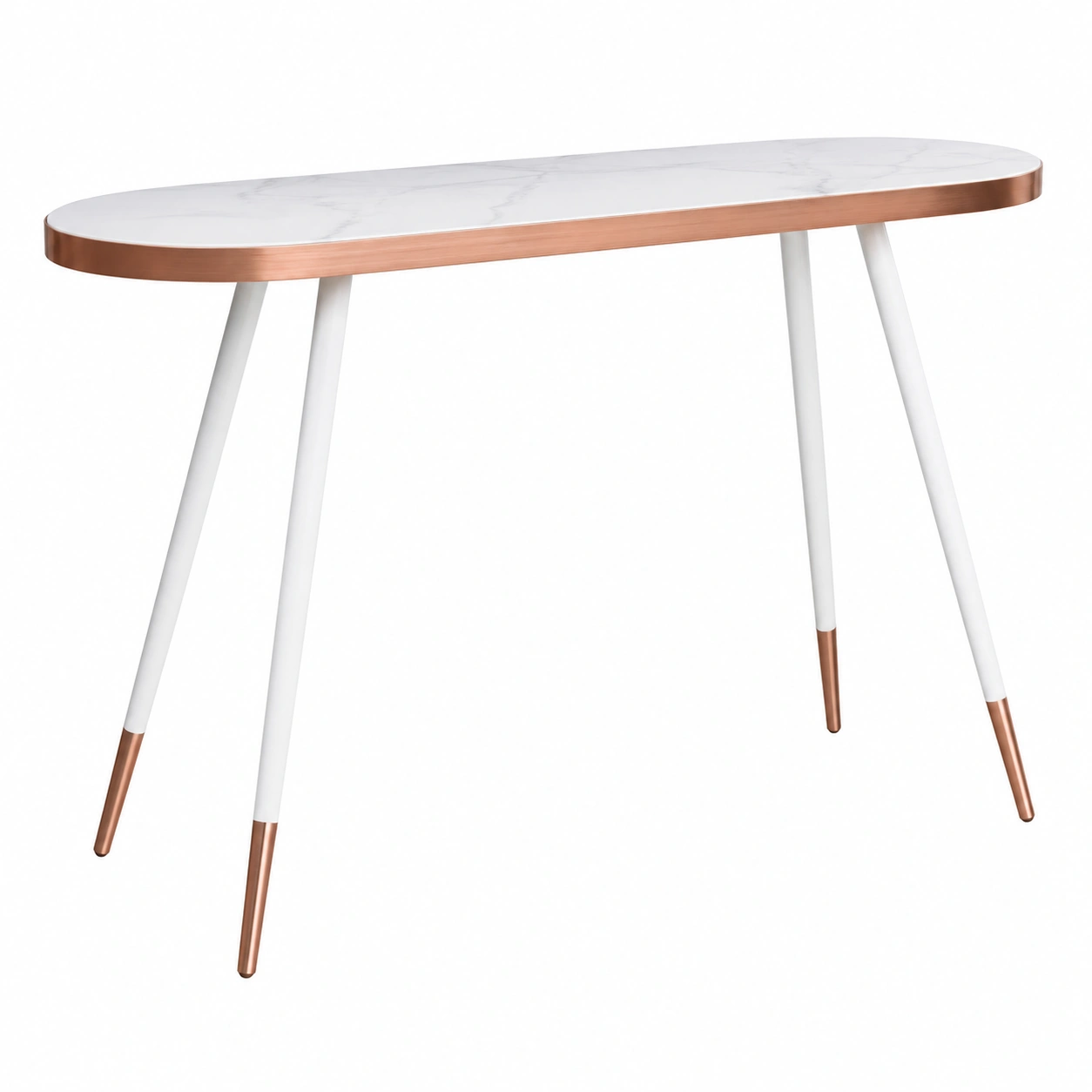 Escritorio ovalado moderno con tablero efecto marmol y patas metalicas blancas y cobre-eternalivingco